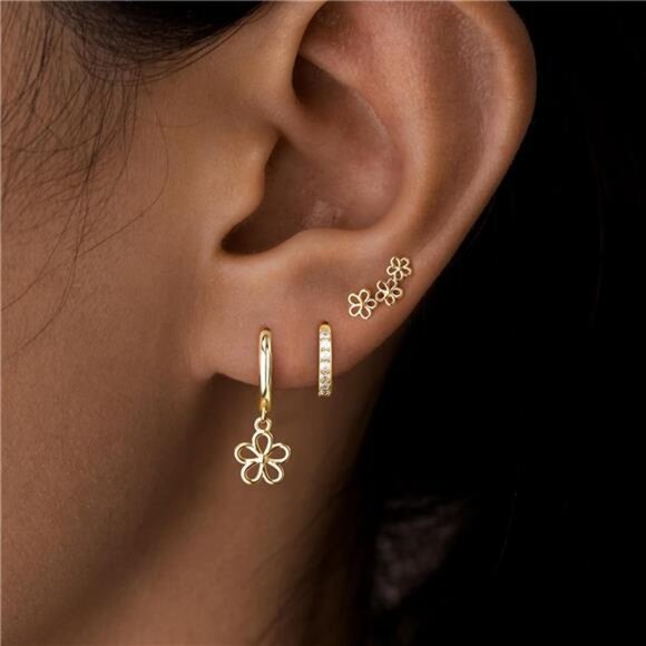 Cute Daisy Flower Earrings Set – 14K Gold Plated Cubic Zirconia Huggie - Picture 1 of 4